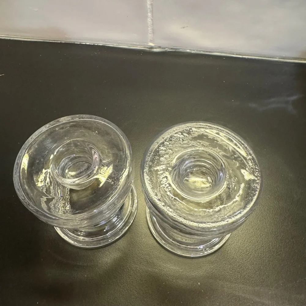 Hand Blown Glass Candle Holders Set of 2 Clear Heavy Ribbed Artisan 3.5in